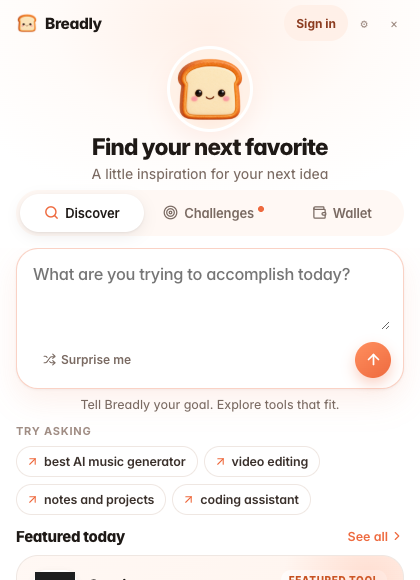 Breadly Discover panel with a tool search and suggested searches