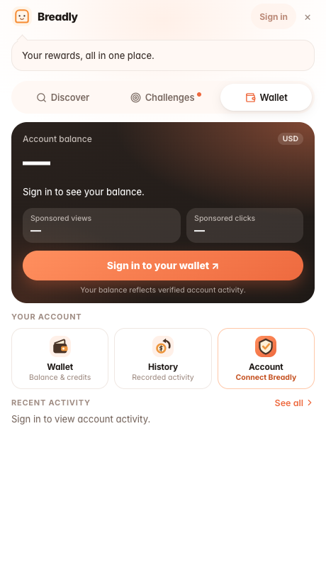 Breadly wallet in its signed-out state with a connect account button